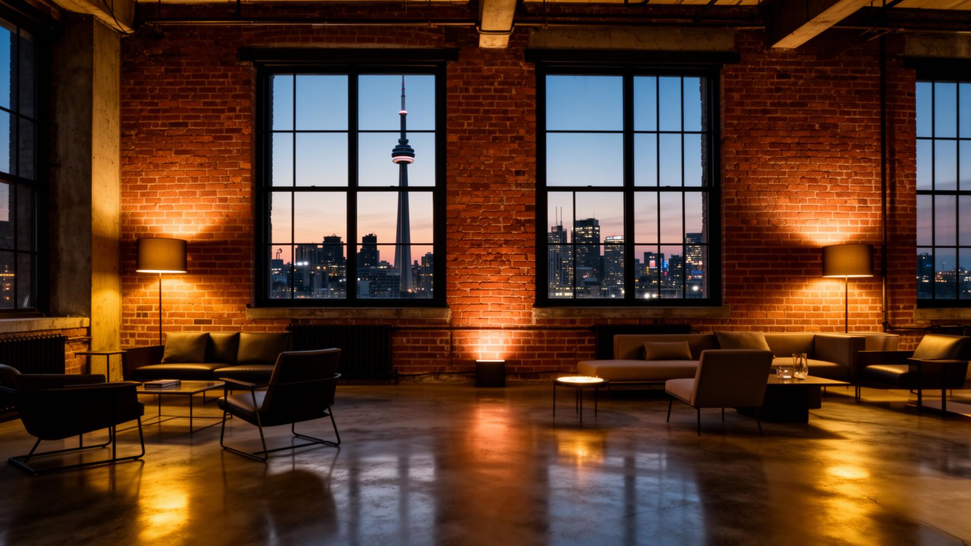 Toronto loft at dusk with CN Tower view